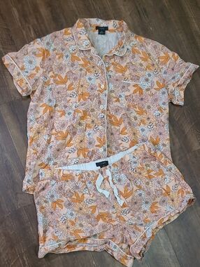 J. Crew Floral Short Sleeve Pajama Set - Peach/Orange